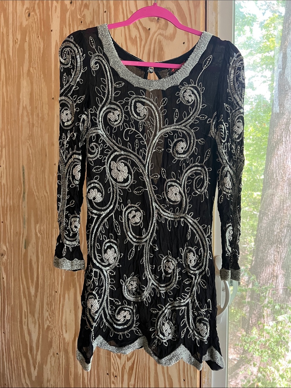 Free People Black Long Sleeve Beaded Tunic with Silver Embellishment